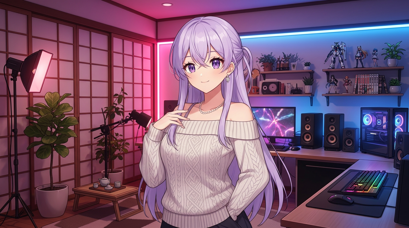 3D VTuber avatar in a futuristic virtual studio