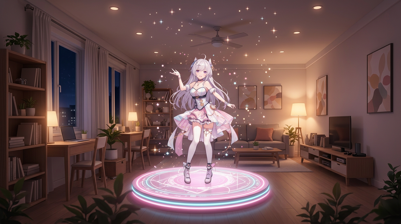 3D VTuber performing on a virtual stage with neon lighting